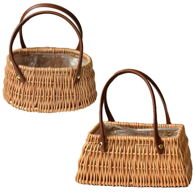 

Woven Flower Picnic Camping Basket Multifunctional Portable Rattan Storage Basket Garden Kitchen Handmade Orginazer