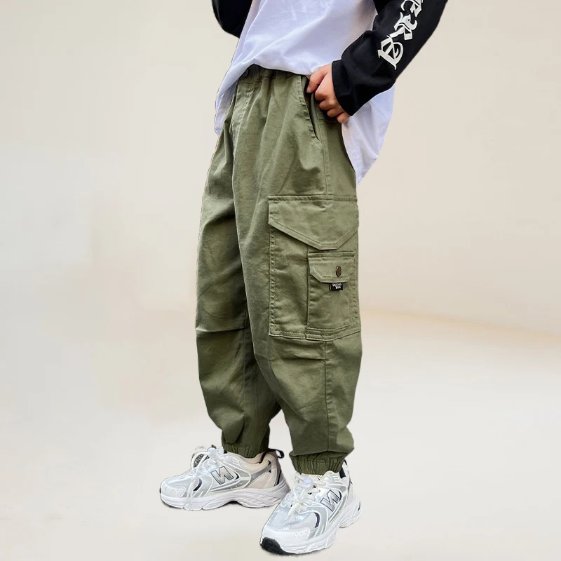 

Штаны для бега для мальчиков повседневные мешковатые хлопковые спортивные штаны в американском стиле, свободные брюки-карго с несколькими карманами, детская одежда для детей от 9 до 14 лет