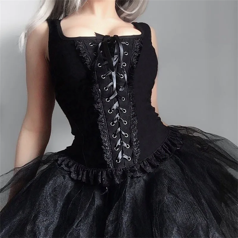

Summer Female Black Short Tops Cool Style Square Collar Spaghetti Strap Bandage Lace Sleeveless Sexy Fashion Vest