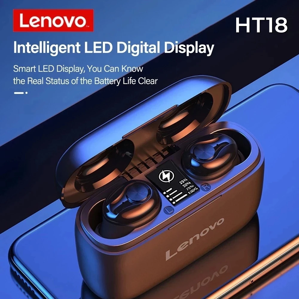 

Original Lenovo HT18 TWS Wireless Bluetooth 5.0 Earphone 1000mAH Battery LED Display Earbuds Volume Control HIFI Stereo Headset