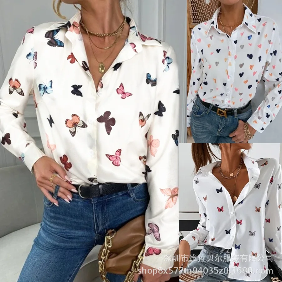 

Stock 2023 foreign trade Aliexpress ladies blouse fashion printed long sleeve shirt butterfly printed lapel shirt