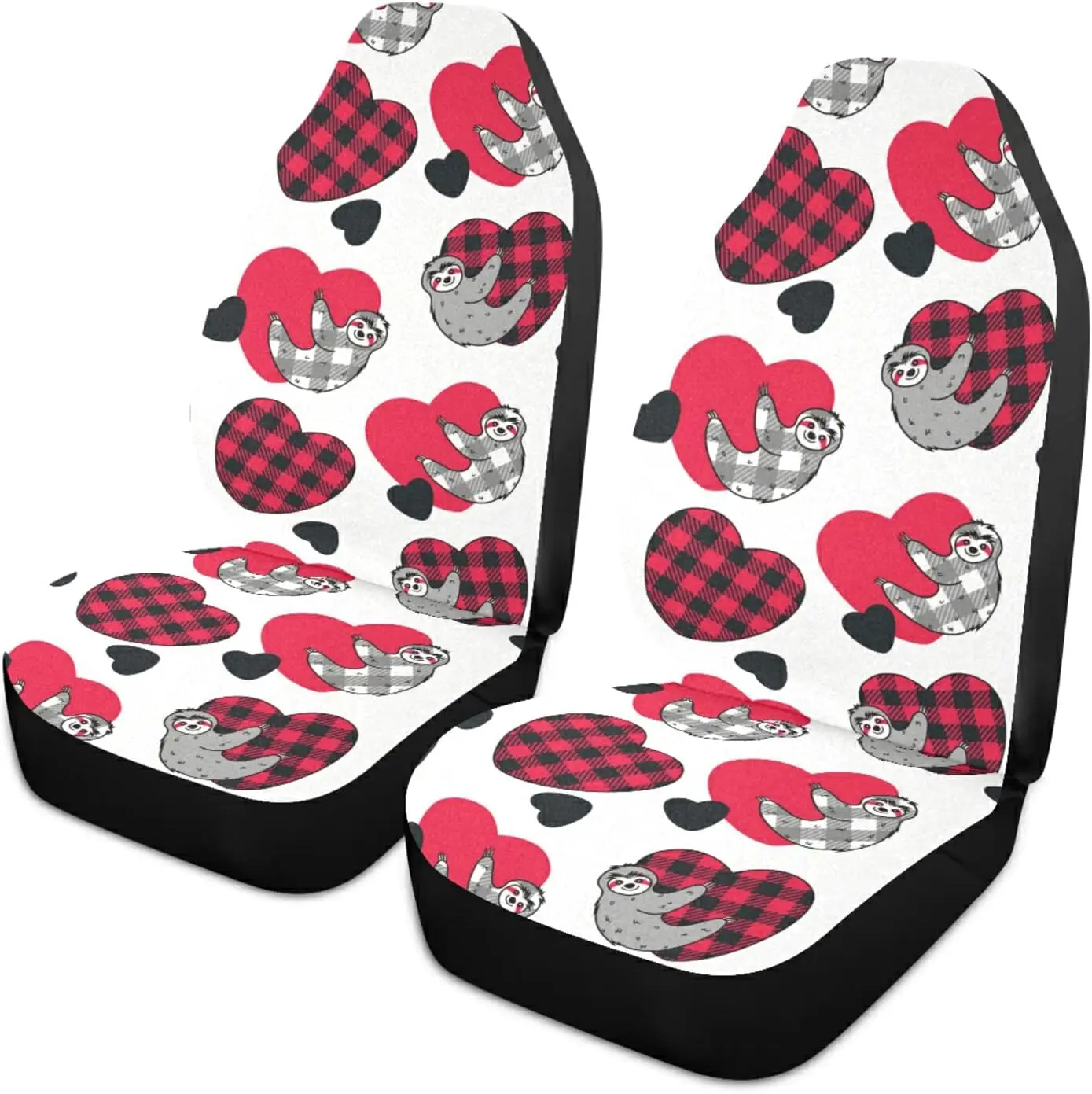 

Valentines Day Check Plaid Heart Sloth Car Seat Covers Non-Slip Breathable Front Car Seat Covers Decor Cover for Universal 2pcs