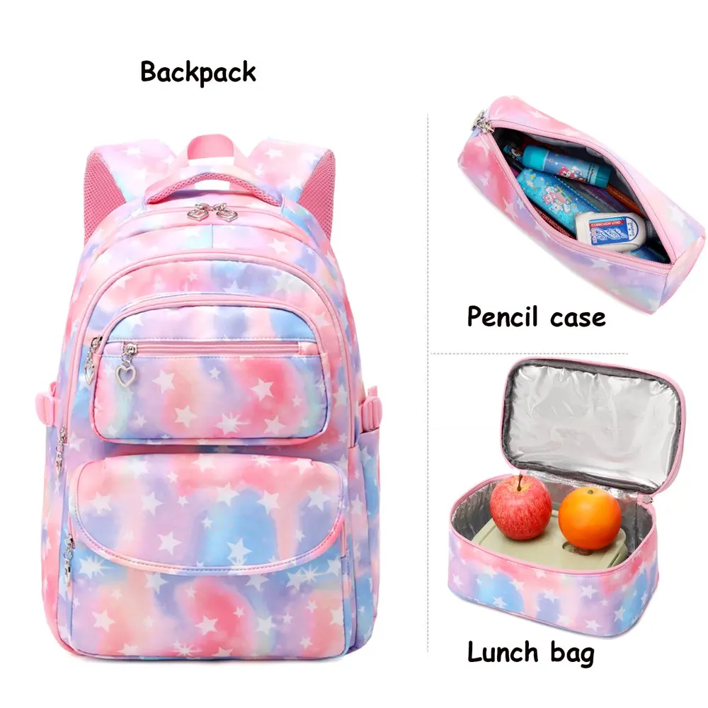 Star Printed Teens Girls Backpack with Lunch Bag and Pencil Case 3pcs ,Waterproof Lightweight Bookbag for Middle School Black