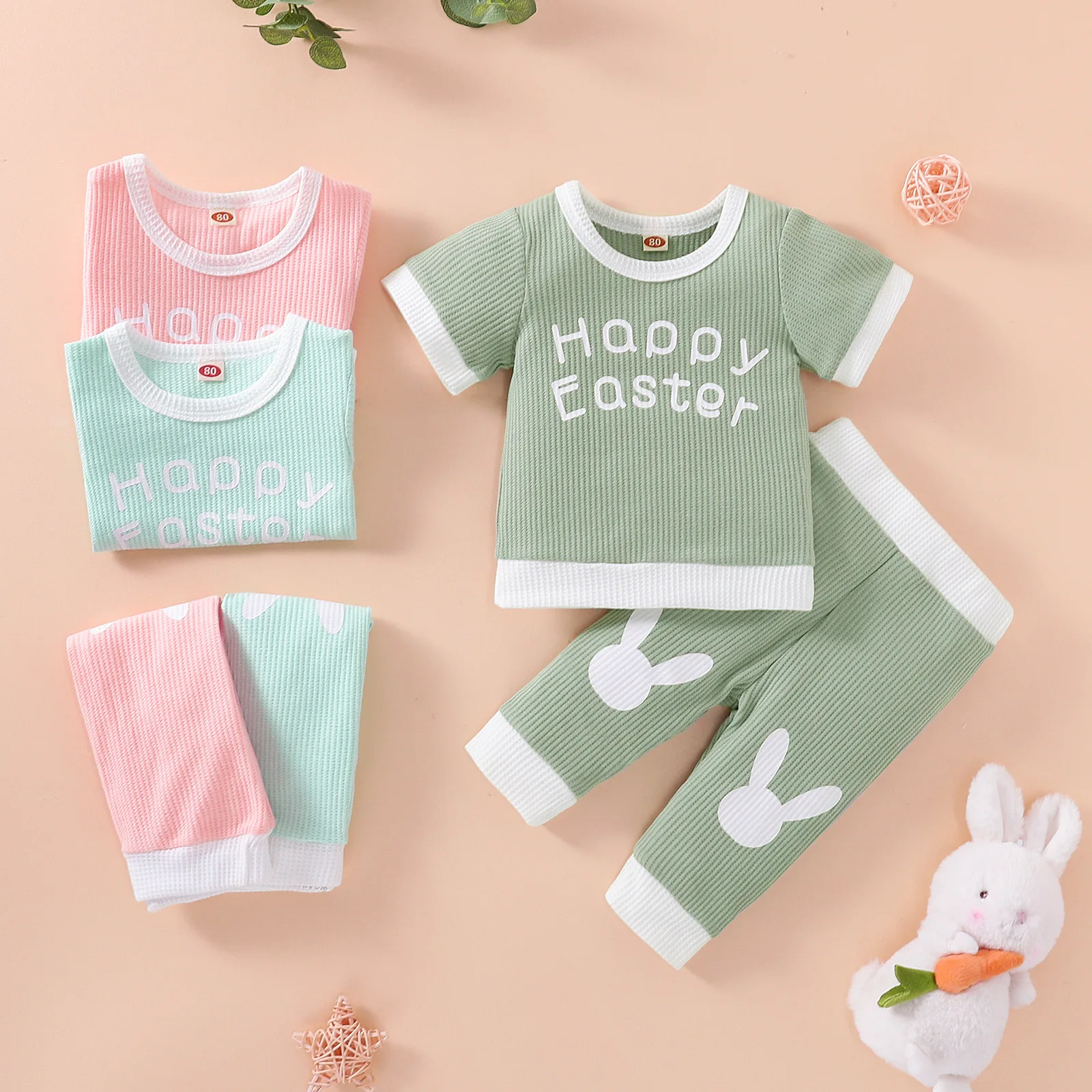 

Baby Girl Clothes детская одежда Waffle Letter Short Sleeve Top Bunny Head Pants Set Kids Clothings Easter Children's Clothes