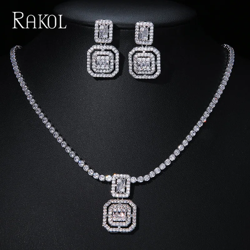 

RAKOL Square Cubic Zircon Set for Women Luxury Necklace Earrings Two Piece Bridal Wedding Dress Fashion Accessories Fine Jewelry