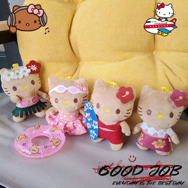 

Black Skin Surfing Hellokitty Hawaii Style Anime Plush Dolls Kawaii Beach Swimming Ring Vacation Decoration Pendants Cute Gifts