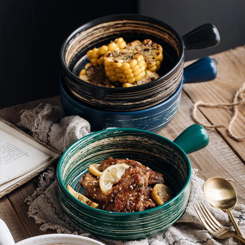 

Nordic Bowl with Handle Creative Household Tableware Baking Bowl Ceramic Personalized Oven Baking Bowl Plate