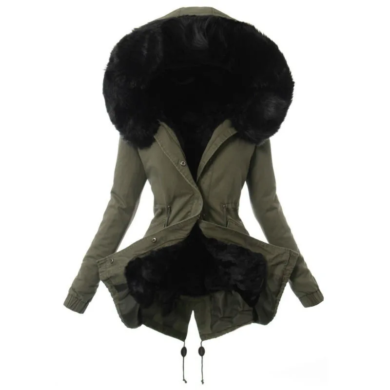 Large wool collar thickened women's cotton padded jacket Medium long winter warm plush overcoat thickened cotton padded jacket