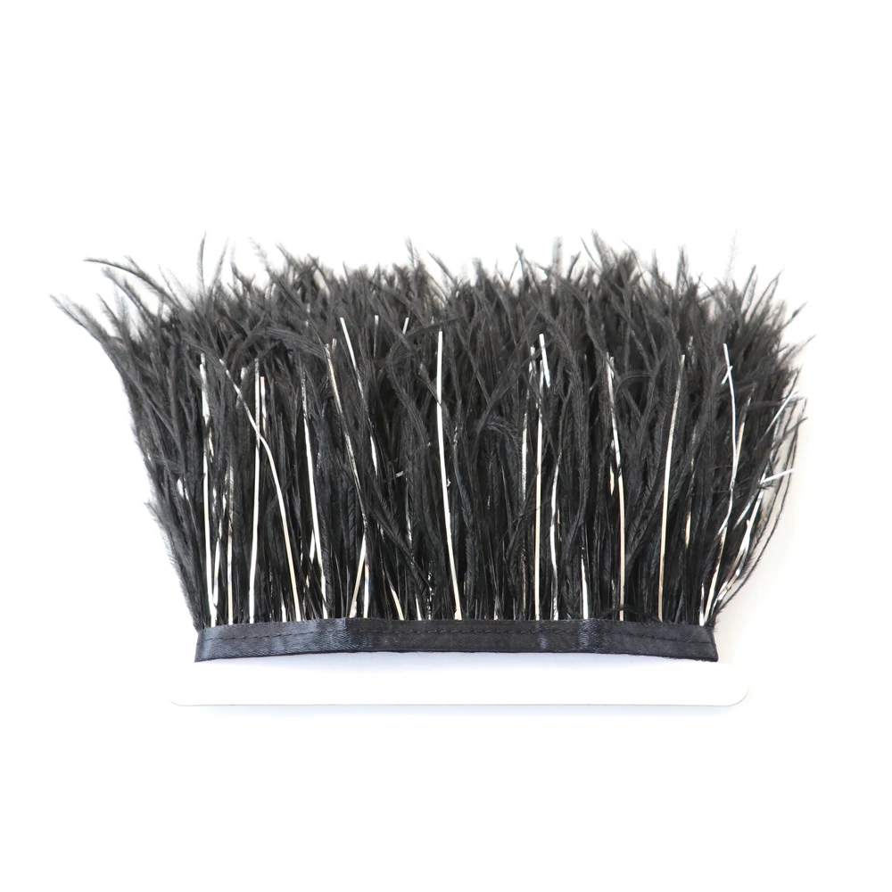 

10-15cm Black Ostrich Feather Trim Fringes for Sewing in Clothes 1 Meter Plumes Ribbon With Silver Thread Needlework Skirt Craft