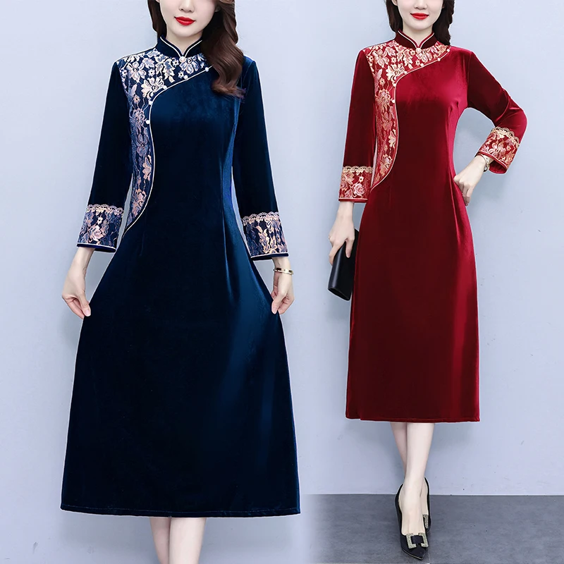 

Women's Retro Gold Velvet Over Knee Fashion Dress Banquet Party Prom Mature Elegant Comfortable Soft Dresses Female Chi-pao