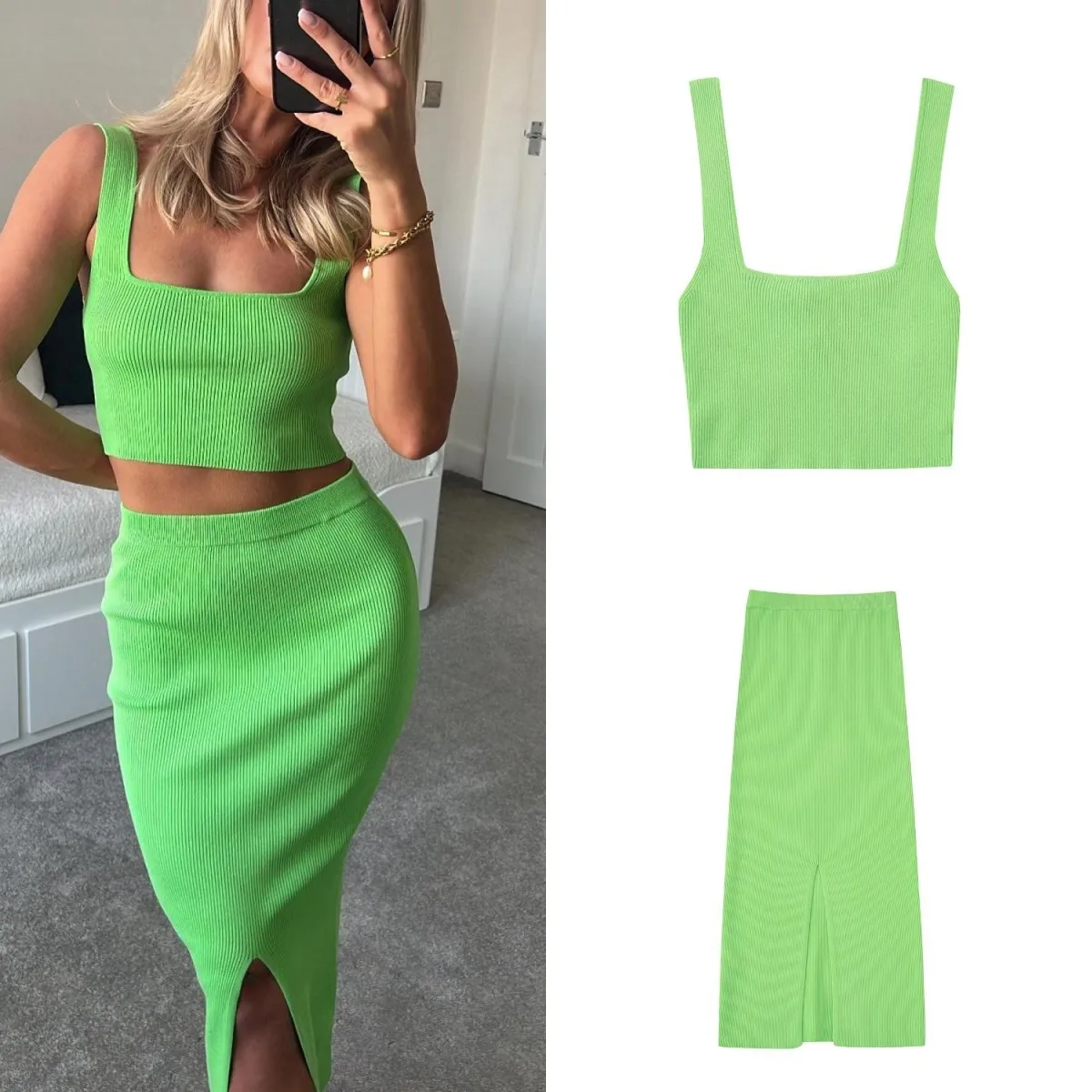 

2023 Summer Women's Wear Matching Dress Sets Rib Knitted Short Top Sleeveless Vest High Waist Midi Slit Skirt Green Dress Set
