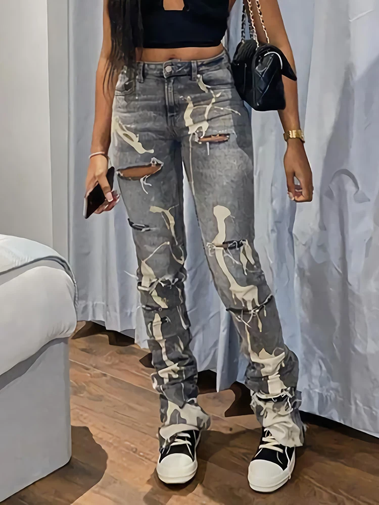 Women Y2K Stacked Pants Casual Fashion Cotton Hole Jeans Chic Print Ripped Denim Skinny Trousers Gray Elastic Slim Jeans