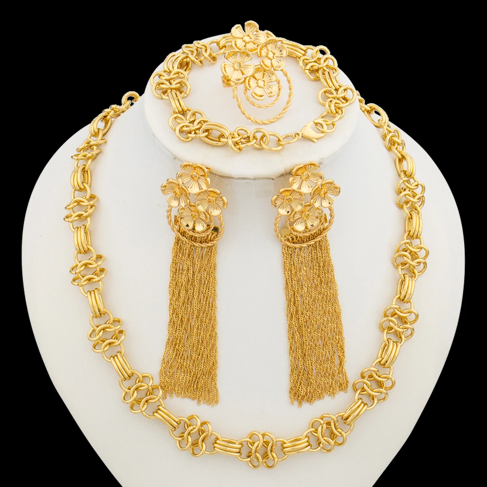 

Exquisite Gold Color Jewelry Set for Women Bohemia Weddings Necklace with Earrings Bangle Ring 4Pcs Set for Bridal Party Jewelry