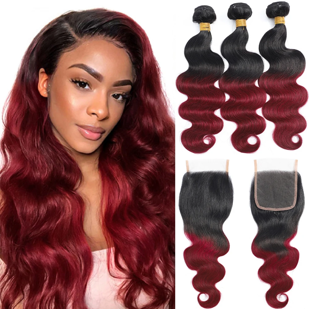 10A Ombre Body Wave Human Hair 1B/350 Body Wave Hair Weave Bundles With Frontal 1B/99J Human Hair Bundles With Closure Remy Hair