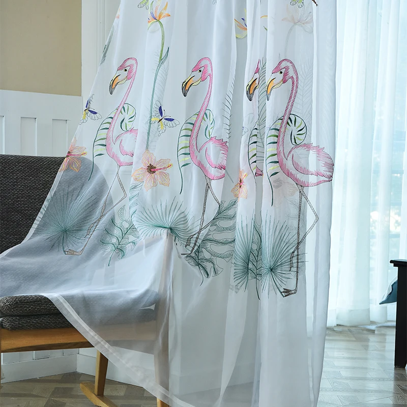 

Embroidered Flamingo Pattern Window Valance Sheer Curtains Room Divider Volie Winodw Drapes In The Living Room Bedroom Decor