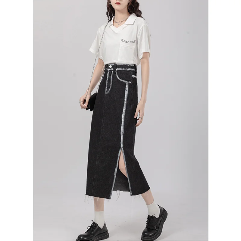 

Women's Clothing Black Denim Half Body Skirt Slit A-Line High Waist Casual Vintage Fashion Baggy Long Skirt Ladies Summer