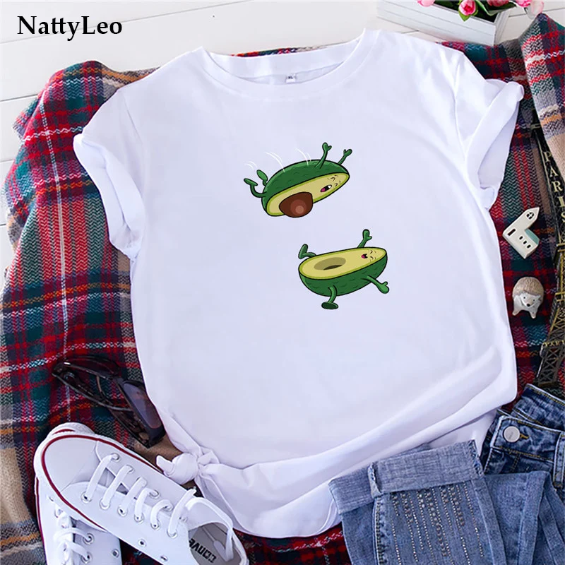 

Kawaii Women Sexy Tops Summer T Shirt Woman Tshirts Happy Avocado Print T-Shirt Plus Size 100%Cotton O Neck Short Sleeve Tees