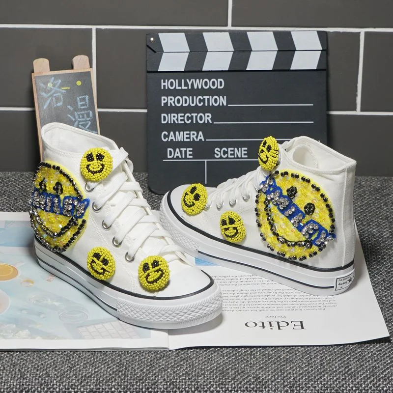 

New heavy industry smiley female high-top canvas shoes thick-soled white all-match casual shoes 35-46