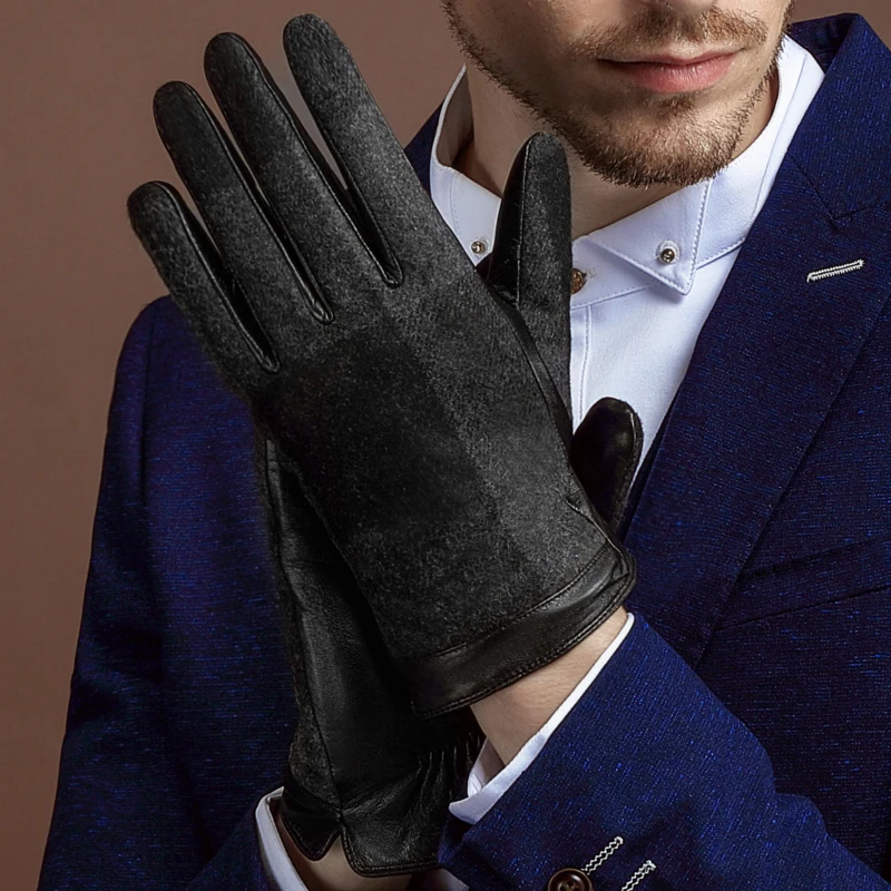 Gloves men's fall/winter goatskin cashmere plus velvet thin business warm touch screen cold-proof leather gloves