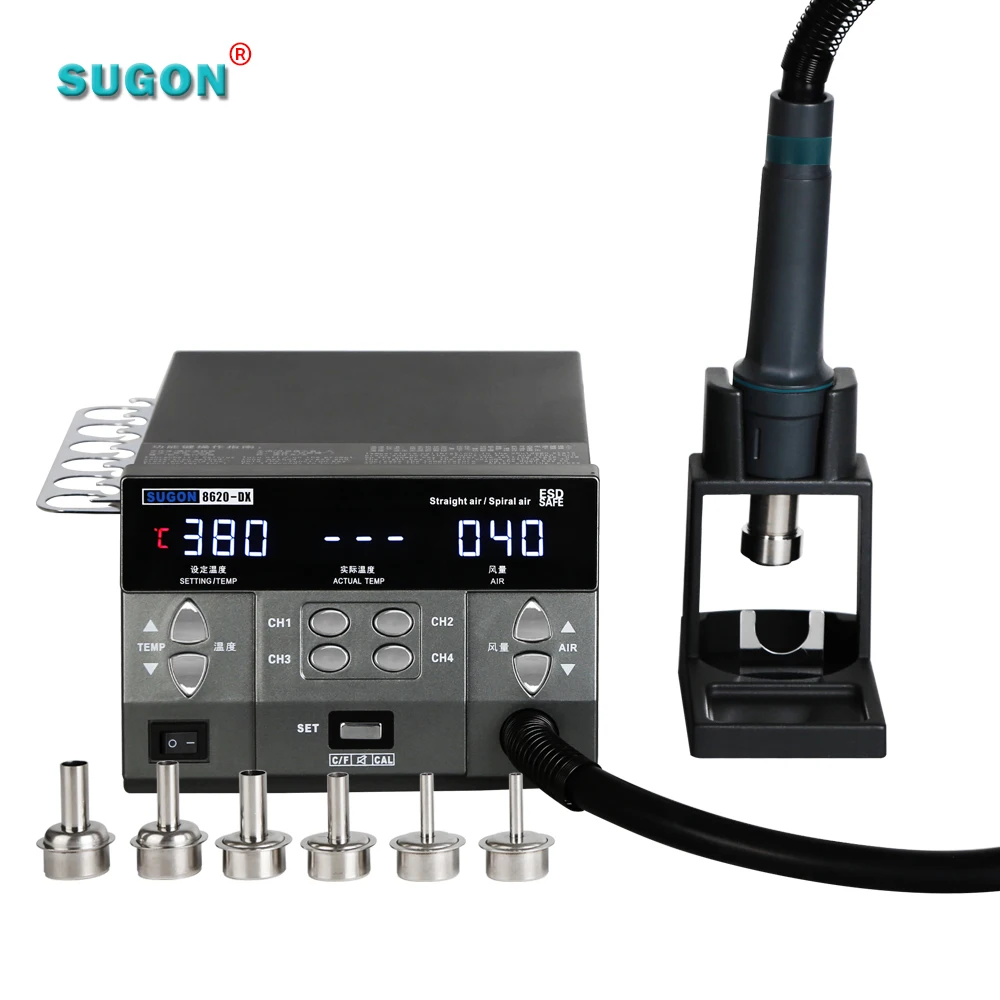 

2020 New SUGON 8620DX Mobile Phone Repair Rework Station With 6 Wind Gun Mouth 3 Second Heating 1300W Hot Air Soldering Gun