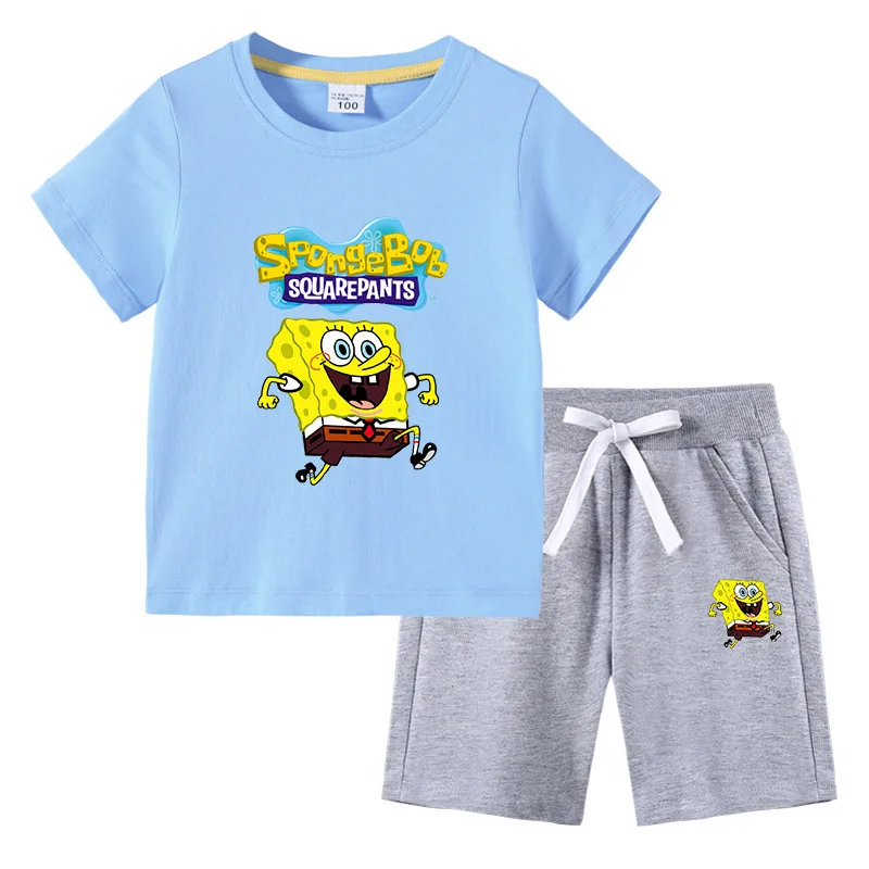 

New Kawaii Cute Sanrio Spongebob Short Sleeved Shorts Two-Piece Set Children Cartoon Korean Version Cotton Anime Toys For Girls