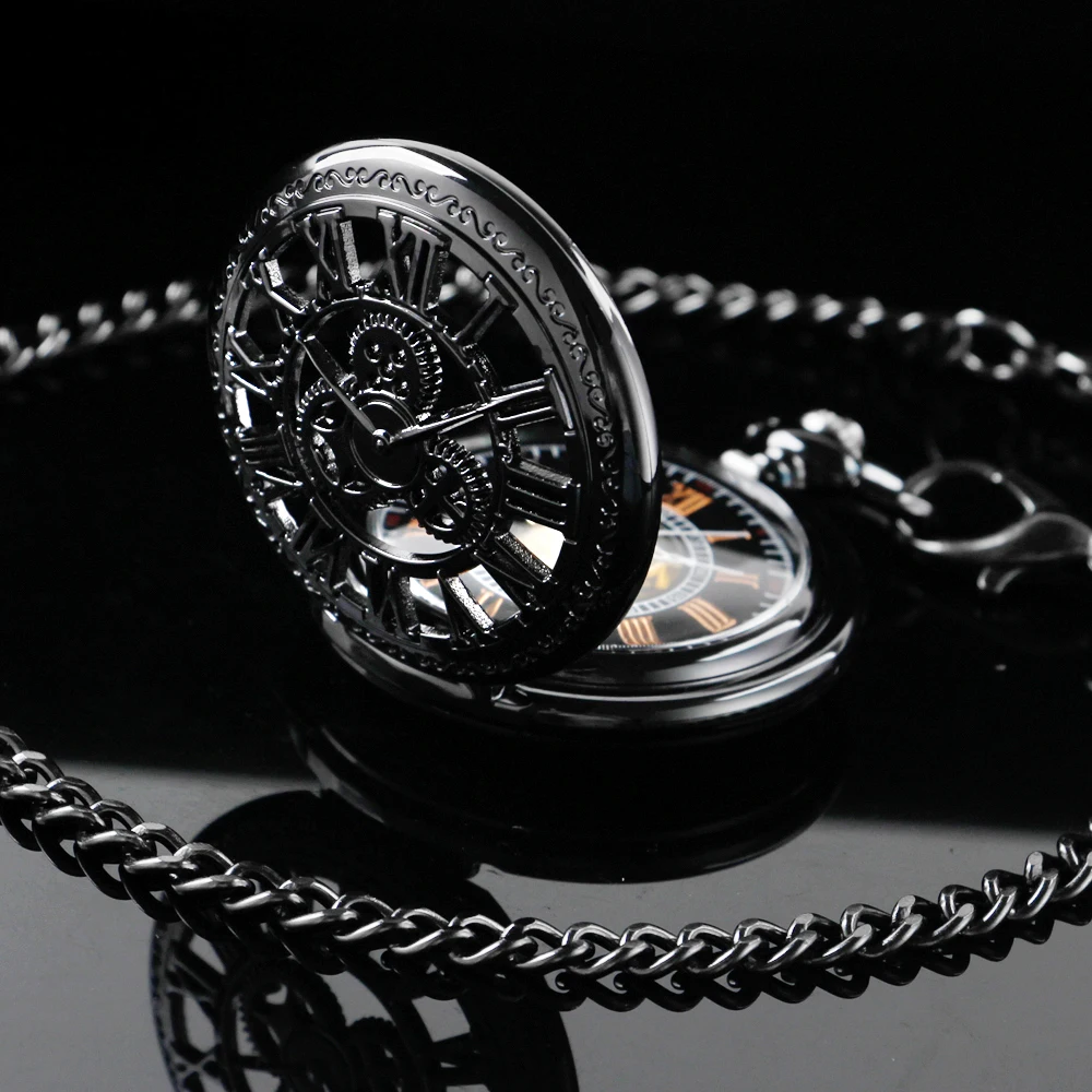 New Black Text Sculpture Mechanical Pocket Watch with Fob Chain Roman Digital Dial Fashion Pocket Watch Men's and Women's Gift
