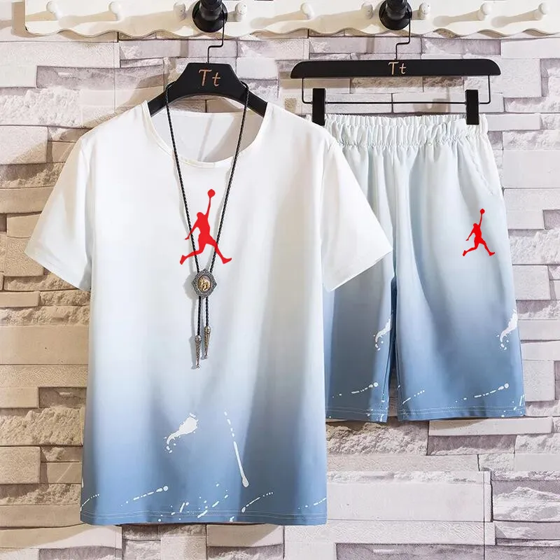 Men's suit Breathable gradient color summer short-sleeved T-shirt suit fashion two-piece streetwear Sports beach shorts Sportswe