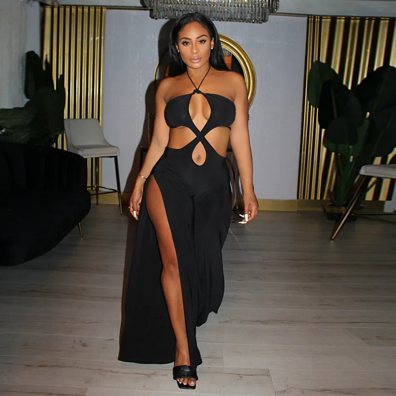 

Zoctuo Jumpsuits Playsuit Elegant For Women Overall 2022 Nightclub Clothes Wide Leg Pants Slit Lady Female Rompers Summer Black