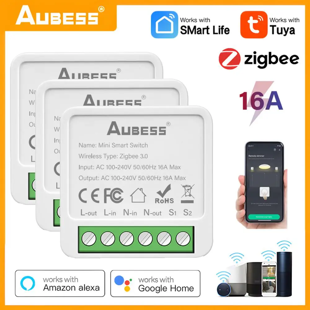 Умный мини-выключатель Tuya Zigbee, 16 А, дистанционное управление с помощью приложения, модули автоматизации «сделай сам», голосовые модули через Alexa Google Home, требуется шлюз