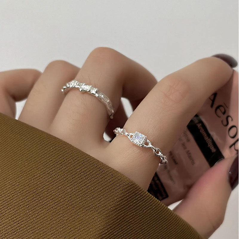 

2pcs New Fashion Square Crystal Zircon Ring For Women Wedding Jewlery Gifts Shiny Cubic Zirconia Geometric Chain Adjustable Ring