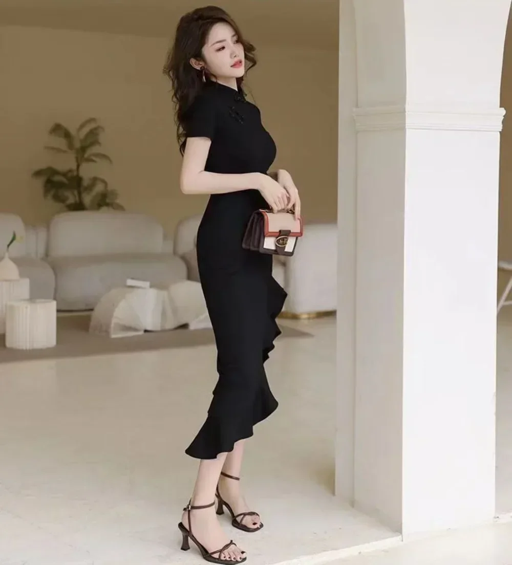 Современный длинный Cheongsam для женщин карнавальный костюм восточное платье-труба