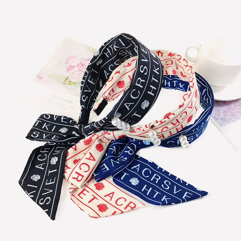 

New Letter Solid Color Wide-brimmed Headband Women's All-match Tied Hair Streamer Headband Headdress Girl Pearl Hair Band