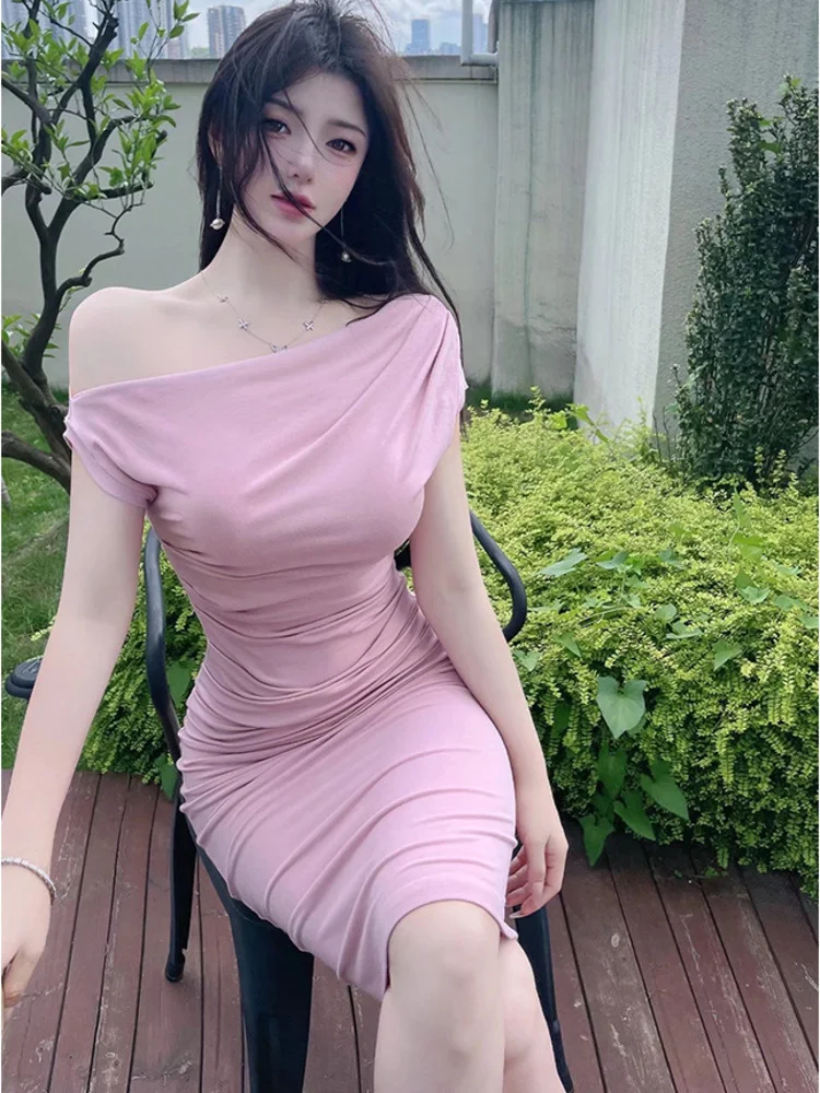 

Женское приталенное мини-платье, плиссированное розовое асимметричное длинное платье-макси с высокой талией, модель LX8S в Корейском стиле н...