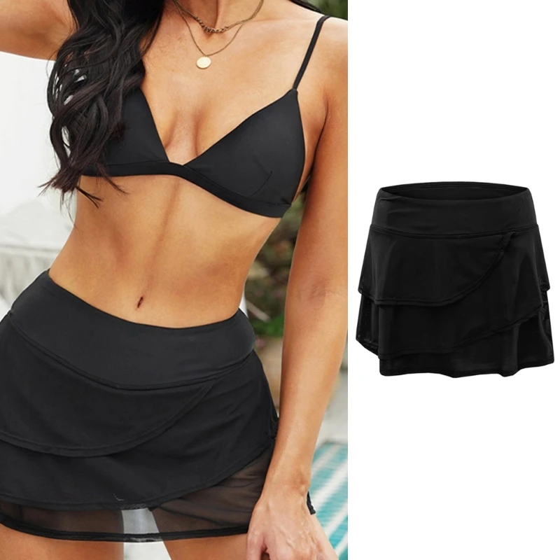 

Women High Waist Swim Skirt Tummy Control Swimwear Bikini Bottom Summer Casual Solid Layered Ruffle Swimsuit Skirt with Panty