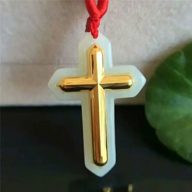 

Новый золотой инкрустированный нефритом нефритовый крест подвеска полностью золотое ожерелье религиозный Христос Иисус Мужской и Женский...