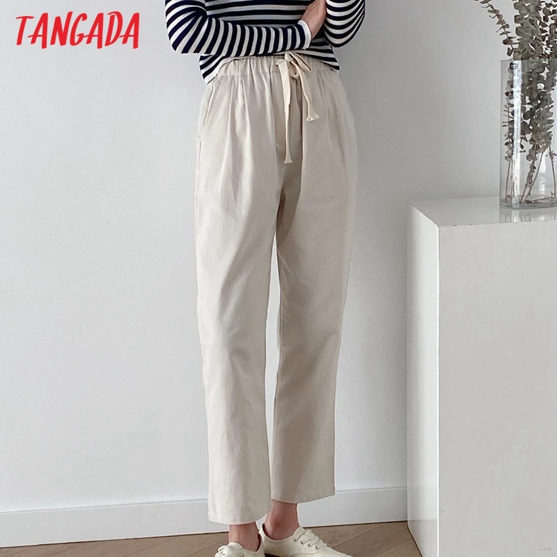 

Женские укороченные брюки Tangada, из хлопка и льна, с карманами и эластичной талией, AI30, 2021