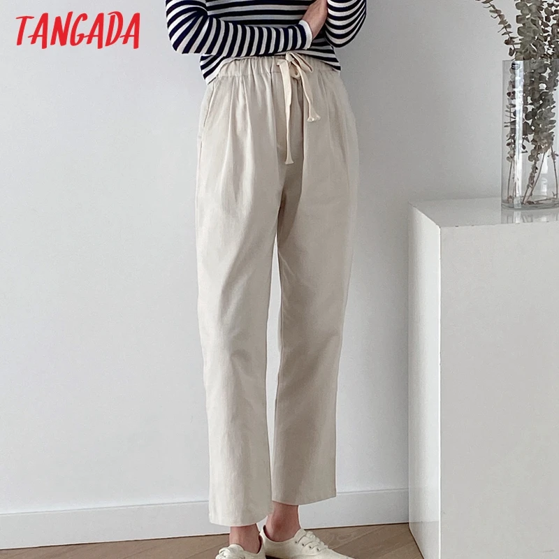 Женские укороченные брюки Tangada из хлопка и льна с карманами эластичной талией AI30