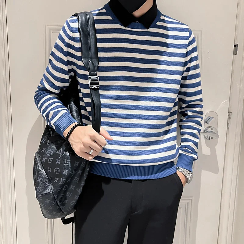 

2023 Fake 2 Pieces Shirt Neck Stripe Knitting Sweaters/Male Slim High Quality Casual over/Man Fashion Knit Shirt Size S-4XL
