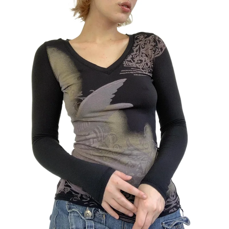 

Fairycore Indie гранж Топы Y2K Mall Goth Dark Академия графический принт футболка Осень Весна V-образный вырез с длинным рукавом черные футболки