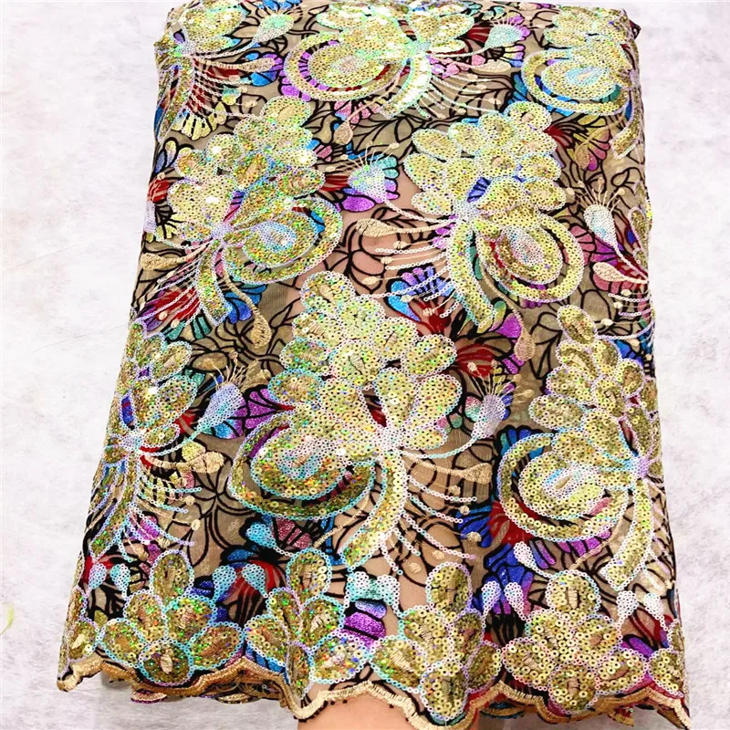 

5 Yard Newest Hot Selling French Lace With Sequins African Tulle Cord Lace Net Embroidered Fabric For Wedding Party ZQ051402