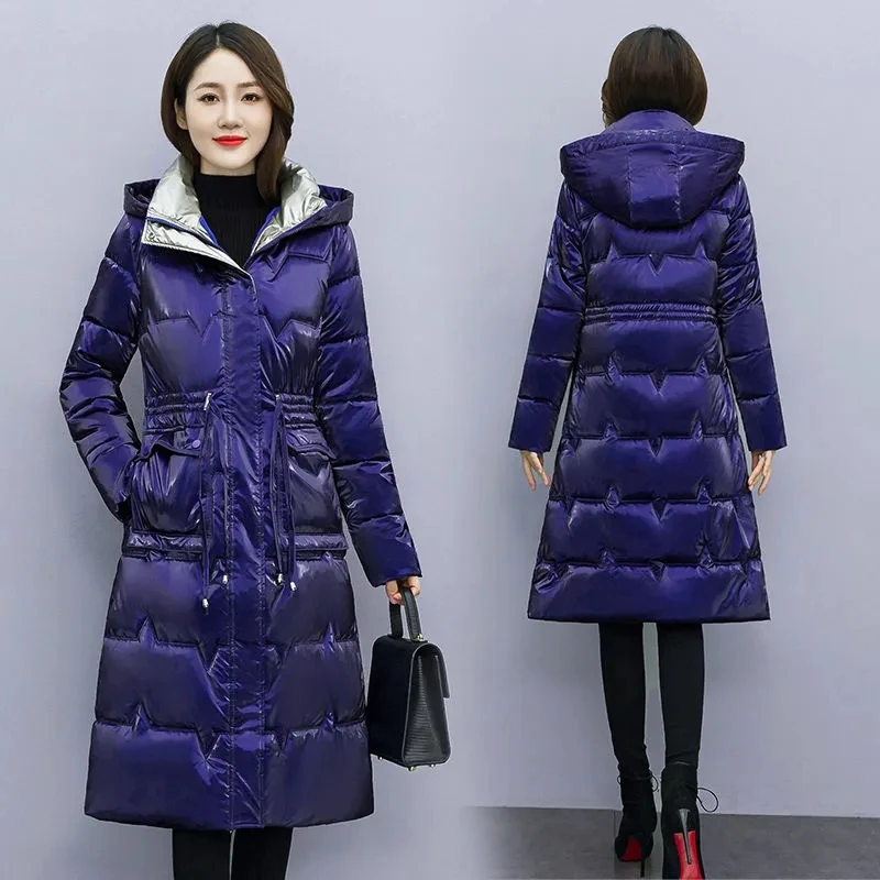 2022 Winter New Parka Down Cotton Jacket Ladies Long Over Knee Slim Thicken Warm Coat Fashion Hooded Snow Parkas Outwear Female