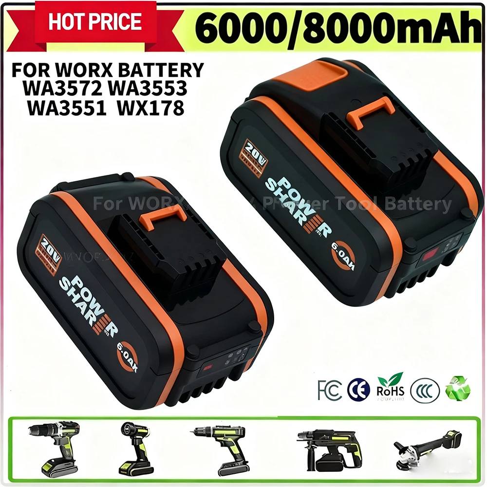 Фото Оригинальный сменный аккумулятор 20 В 8000 мАч для Worx WA3014 WA3551 WG630 WG629 WX372 WX390 WX394 WX550 WX858, аккумулятор для электроинструментов №1