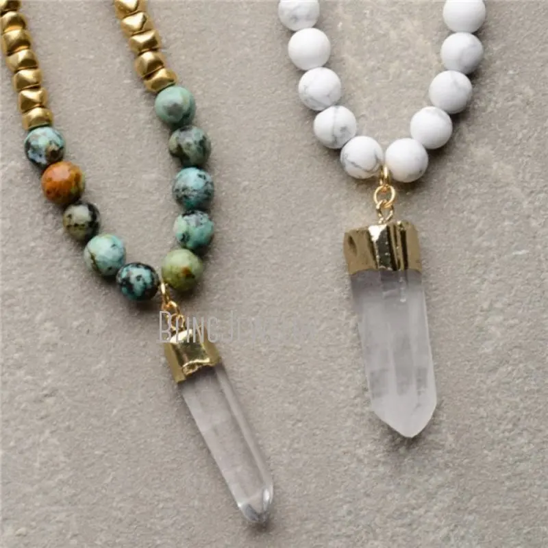 NM22313  Dipped Clear Quartz Point Crystal Pendant Necklace Layerling Stone Beads Jewelry For Women