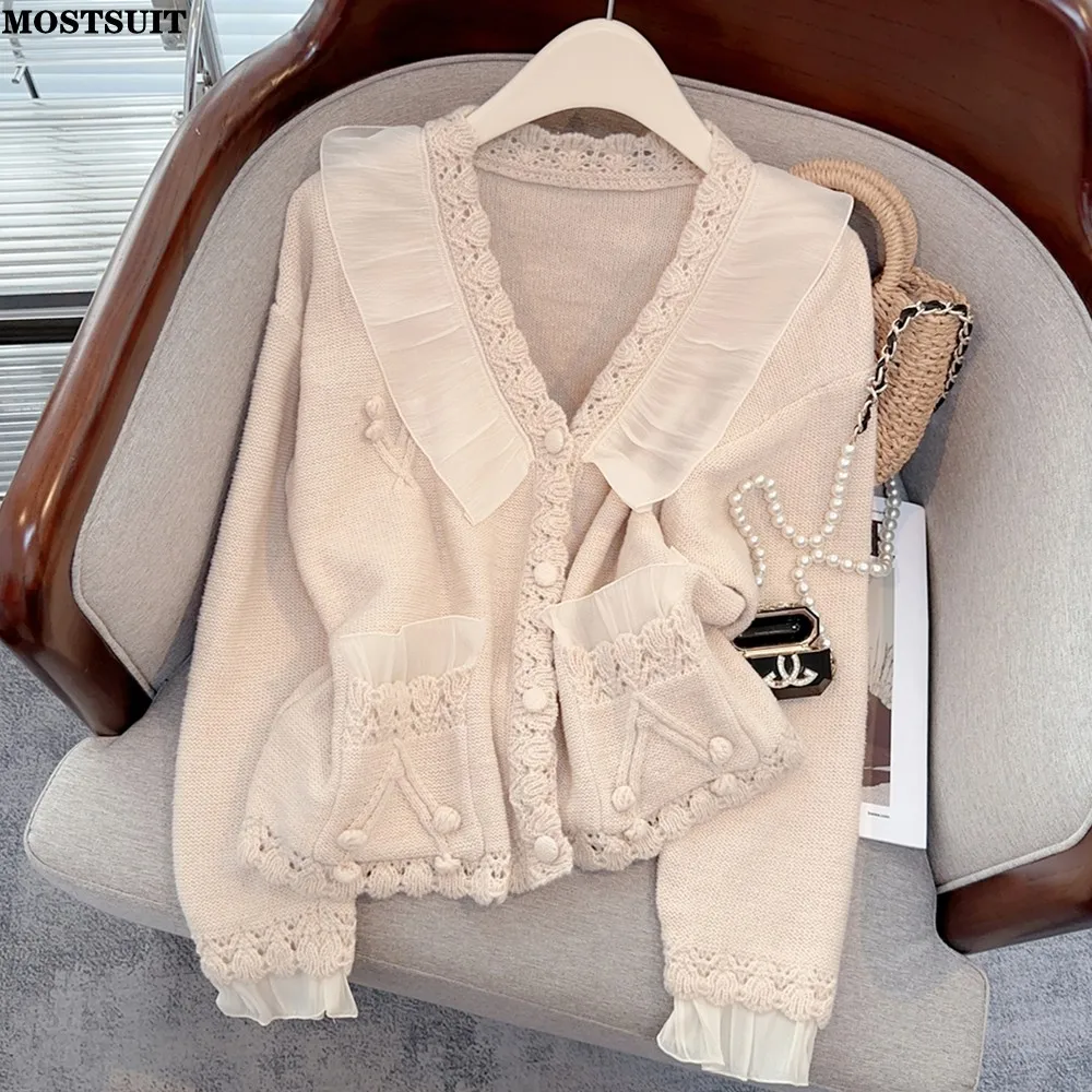 

Ruffles V-neck Stylish Loose Knit Sweater Cardigan Women 2023 Autumn Winter Long Sleeve Elegant Vintage Chic Ladies Coat Tops