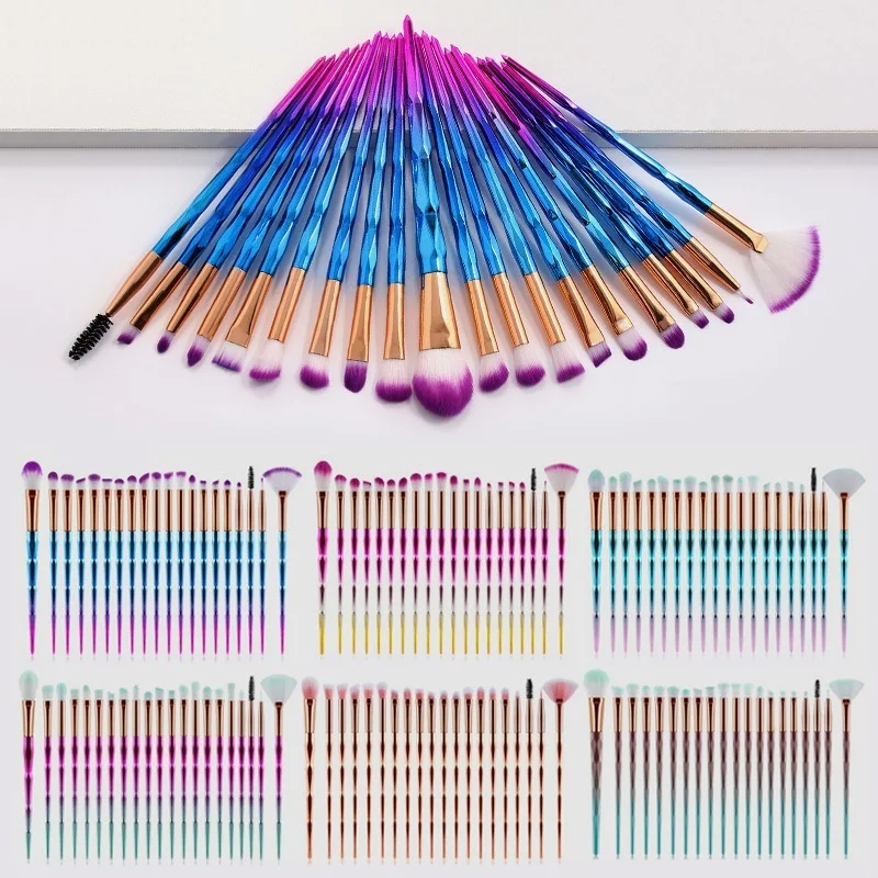

20Pcs Makeup Brush Full Set Diamond Gradient Color Plastic Handle Eyeshadow Bulk Angled Brow Cosmetics for Women Powder Brushes