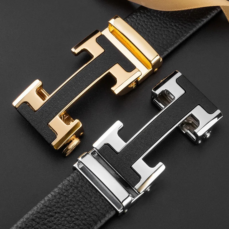 

Men's Genuine leather Belt Men Cowskin Strap Top Quality Belts For Male Alloy Automatic Buckle Fashion Waist Belt Gold Belt