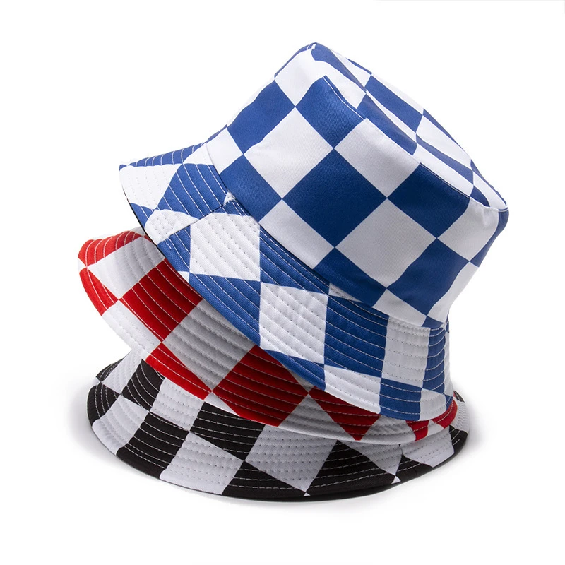 

New Fashion Bob Plaid Print Bucket Hat Spring Summer Men Women Sun Hats Unisex Double-sided Outdoor Beach Hiking Fishing Cap
