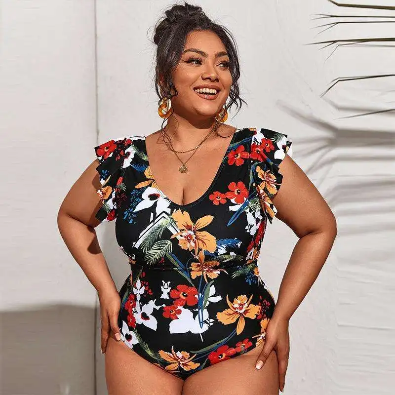 

Qisheng Large Size Fat Woman Swimwears Ruffle Sleeve High Waist Covering Belly Thin One Piece Printed Sexy Swimsuit