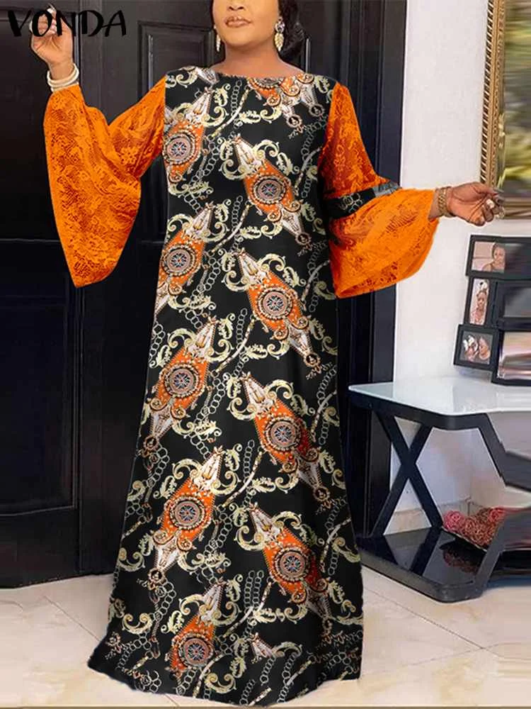 Plus Size Women 2023 Summer Printed Maxi Dress VONDA Long Flare Sleeve Patchwork Lace Party Vestidos Casual Loose Robe Femme