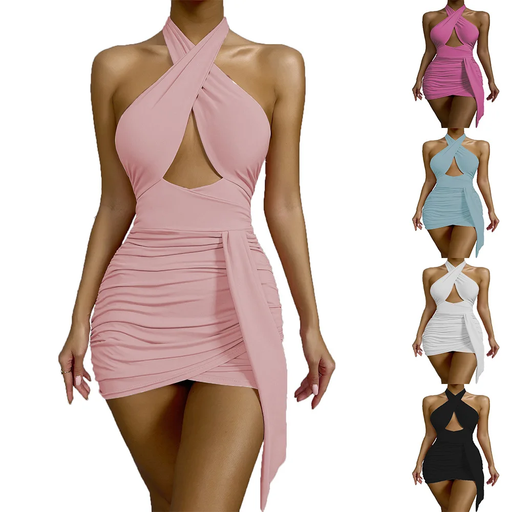 

2023 spring and summer backless pleated sexy temperament women's hip skirt new dress